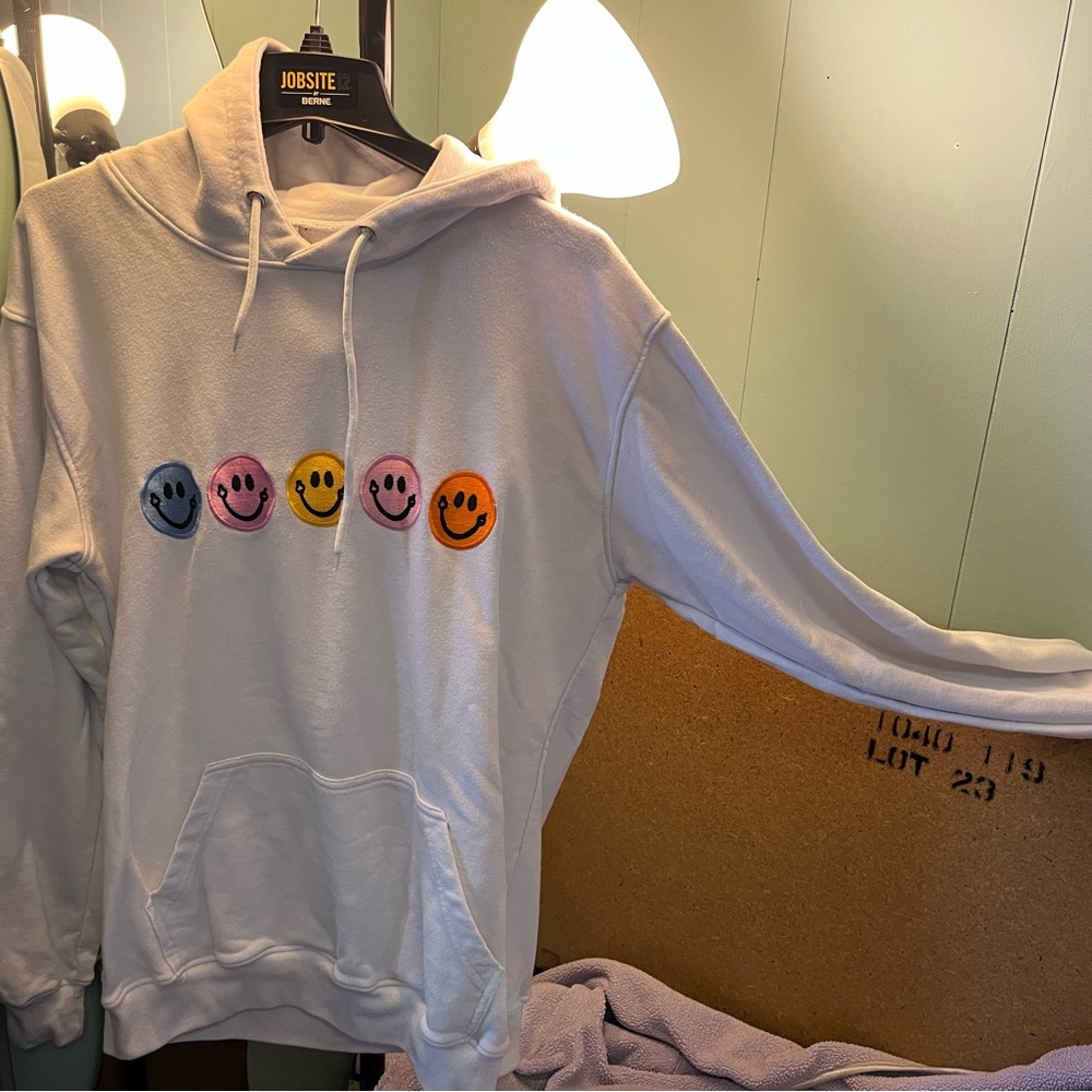 Dezinebydrew White Hoodie with Colorful Smiley Faces